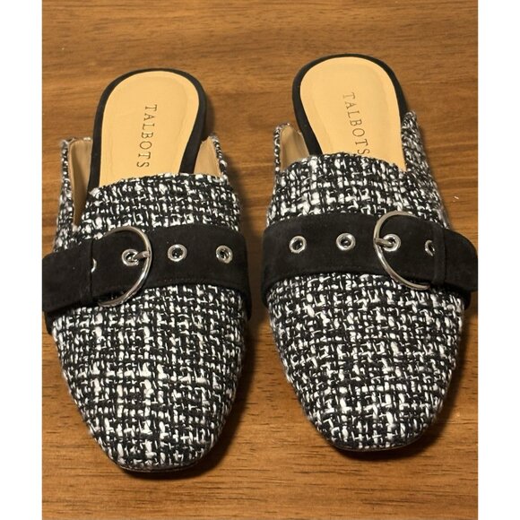 Talbots Stella Mules Buckle Boucle Tweed Black White Size 8 Fall Shoes - Picture 1 of 8